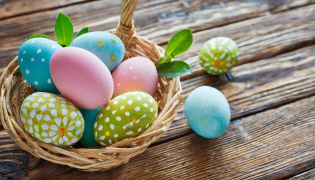 easter eggs in the basket of wooden boards