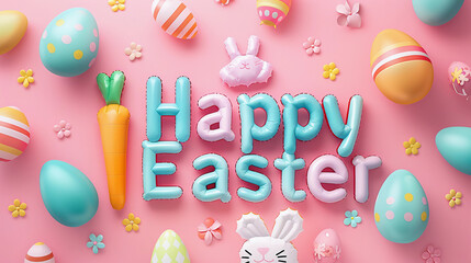 "Happy Easter" made from pink and blue balloons inflatable Easter bunny, eggs and carrots on a pink background. imensional render of inflatable letters. concept easter and candy pastels tones