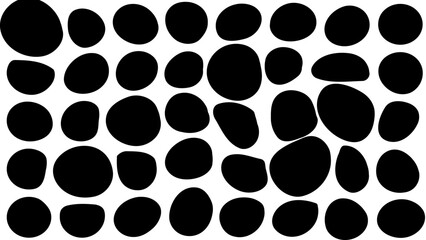 Black and white pattern made from irregular circles that looks like a hand-drawn form of polka dots