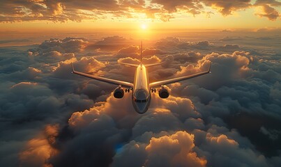 Commercial airplane flying above sunset clouds