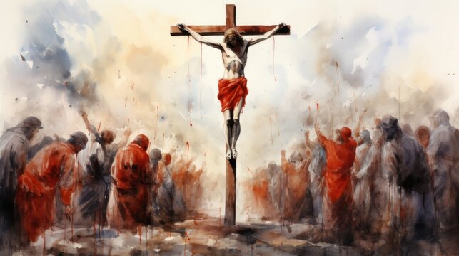 Watercolor painting of the Crucifixion of Jesus Christ on the cross before ascending to Heaven