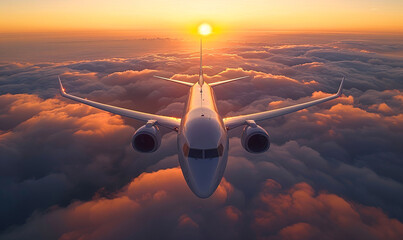 Private  luxury jet travel flying over sunset clouds - obrazy, fototapety, plakaty
