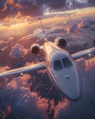 Fototapeta premium Private luxury jet travel flying over sunset clouds