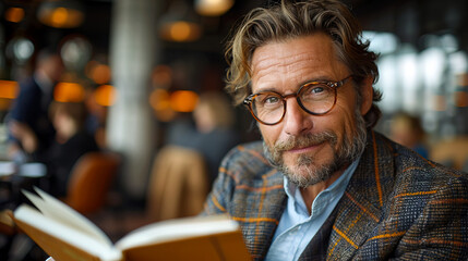 Portrait of a middle aged entrepreneur smiling, looking at the book in his hands, business style