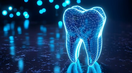 Glowing blue tooth in D mesh for dental clinic advertisement design. Concept Dental Implants, Oral Health, Digital Technology, Advertising Design - obrazy, fototapety, plakaty
