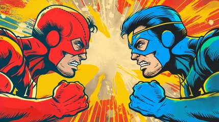 Sierkussen Wow pop art Versus superhero fight comic pop art retro battle design background. Cartoon versus halftone banner. © Furkan