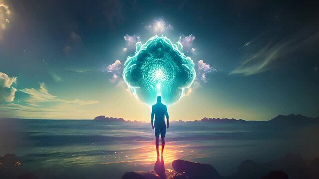 Spiritual person with aura Healing energy standing near the ocean. Aura around man with healing power energy theta waves. sci-fi concept showing a male recovering energy. Man with aura and soul