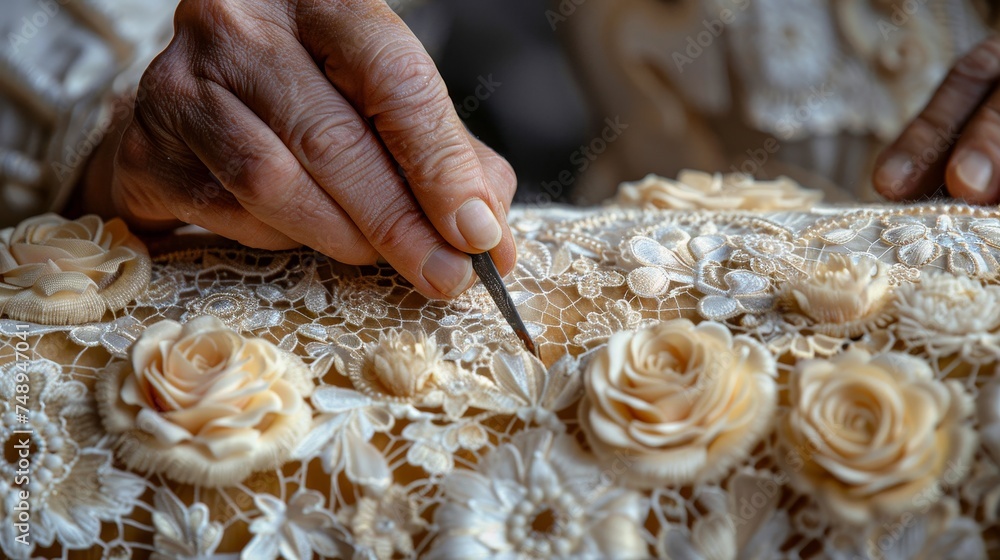 Poster creating intricate and beautiful delicate patterns through hand-woven lace making