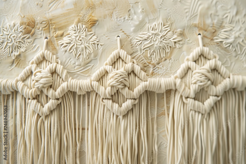 Poster macrame wall hanging in bohemian style features intricate knots creating patterns with natural fiber