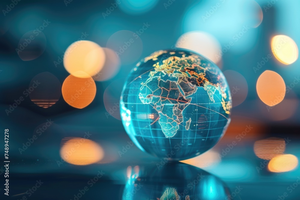 Poster a transparent digital globe displaying network connections and continental outlines, illuminated wit