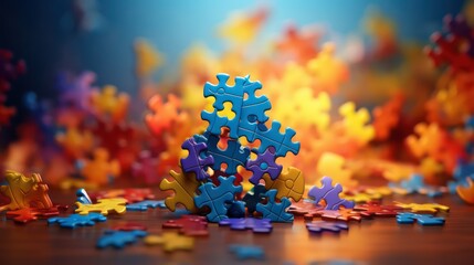 Colorful jigsaw puzzle pieces on wooden table. Teamwork concept