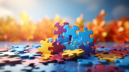 Colorful jigsaw puzzle pieces on blue background