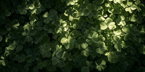 A dense field of clover basking in dappled sunlight, creating a vibrant green background for St. Patrick's Day