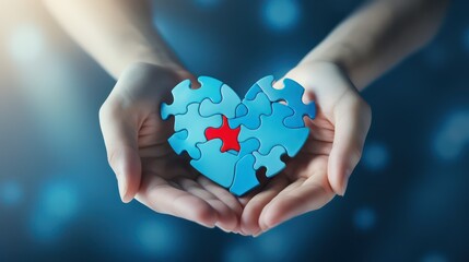 Hands holding puzzle pieces in form of heart on dark blue background
