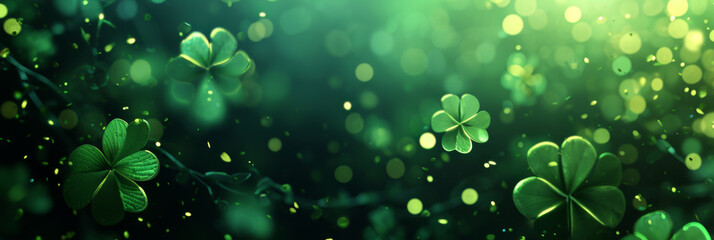 A shiny texture with green clovers on a dark green background, festive glow, background for St. Patrick's Day - Powered by Adobe