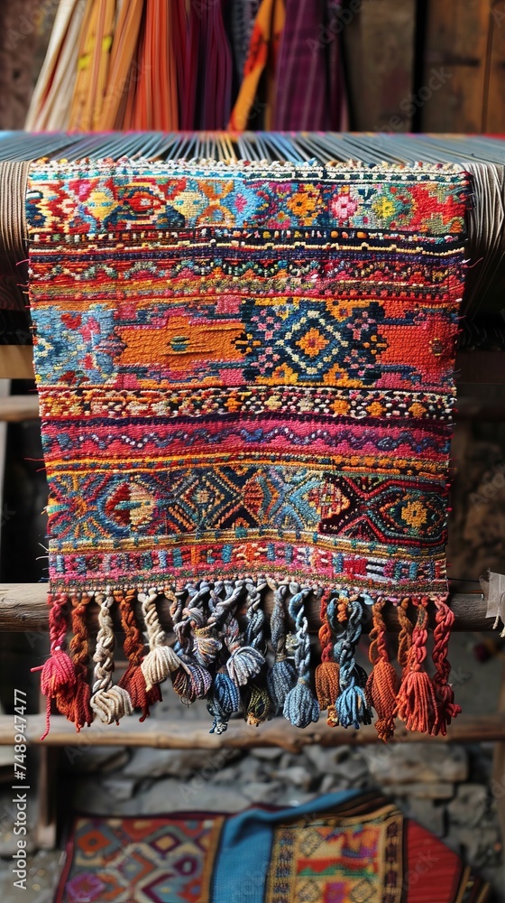 Poster creating vibrant designs on a loom with traditional motifs through textile weaving and colorful patt