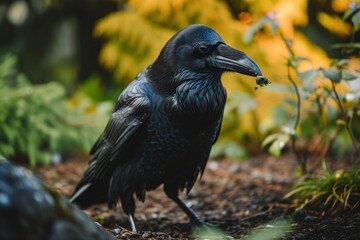 Obraz premium A raven is looking for food in the middle of the green forest