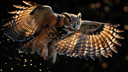 Owl takes flight against the canvas of a fading sunset. 