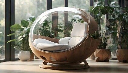 futuristic sci-fi pod chair, Flat Design, Product-View, editorial photography, transparent orb, product photography, natural lighting, plants, natural daytime lighting, zbrush, 8k, natural wooden envi