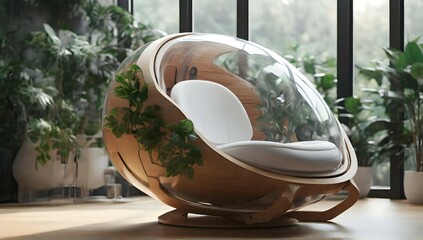 futuristic sci-fi pod chair, Flat Design, Product-View, editorial photography, transparent orb, product photography, natural lighting, plants, natural daytime lighting, zbrush, 8k, natural wooden envi - obrazy, fototapety, plakaty