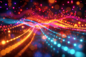 Fototapeta na wymiar Colorful light paths flowing in a dark atmosphere. Colorful abstract space themed background