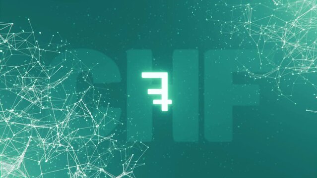 Plexus of CHF currency symbols, seamless loop. Rotating Swiss Franc glowing sign