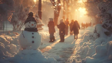 Zelfklevend Fotobehang A snowman stands in a snowy park, surrounded by a winter landscape © yuchen
