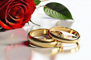 A couple's wedding rings are placed on top of a red rose
