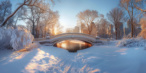 Winter Central Park in New York City, with a focus on iconic spots like Bow Bridge, Bethesda Terrace, Central Park Mall