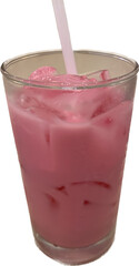 Iced sweet pink milk isolated on white background, nom chom poo, nom yen isolated on white background, ice Strawberry milk in glass 