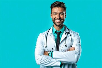A smiling man in a white lab coat with a green tie