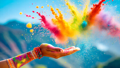 Farbexplosion in Hand, Holi Colour Festival  - obrazy, fototapety, plakaty