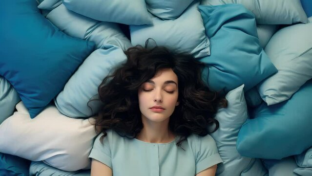 Young woman sleeping peacefully surrounded by soft pillows. Concept of sleep comfort and bedroom interior design