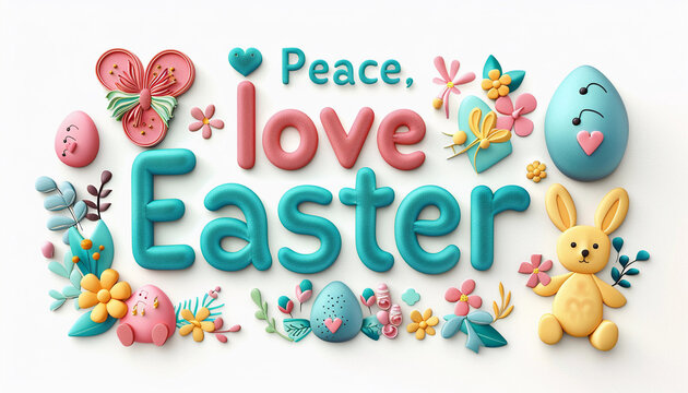 Easter concept. Top view photo of easter bunny, eggs, spring flowers and phrases "Peace, love, easter" made of plasticine or plastic on isolated white background  Holiday card idea. flat lay 3d render