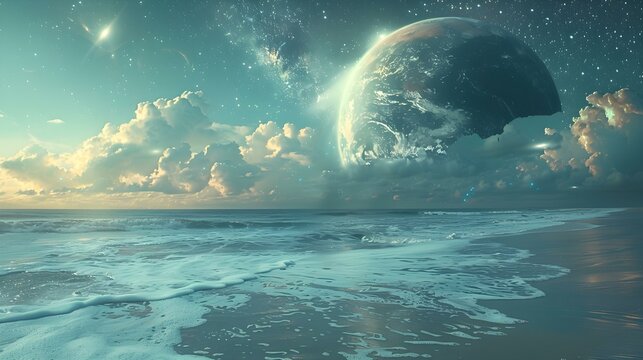 Tranquil Seashore Animation with a Cosmic Background Loop. Concept Seashore Animation, Cosmic Background, Tranquil Setting, Loop Video © Anastasiia