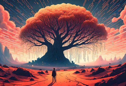 Binary trees and pixelated skies, an AI-controlled matchstick strikes against a digital flint - Powered by Adobe