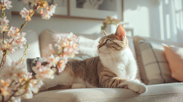 Cat relaxing on sofa with cherry blossoms. Cozy home interior and springtime concept. Pet portrait for poster and lifestyle design. 