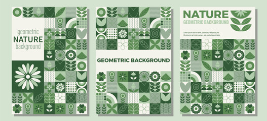 Modern Nature geometric background. Abstract nature: Trees, leaves, flowers, fruits. Mosaic set of icons in minimalist style. Poster, banner, business card template in trendy style