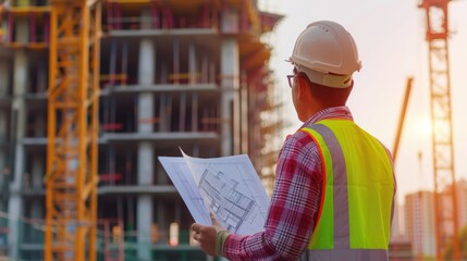 A construction worker wearing a hard hat and high-visibility clothing examines a blueprint at a building site. AIG41