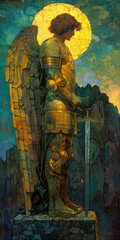 Painting of Archangel Michael with sword. Vertical image 