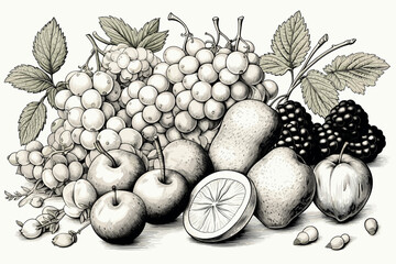 illustration with grapes and apples. fruit set