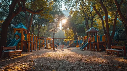 Fotobehang Sunlight filters through the trees in a park with a playground © yuchen