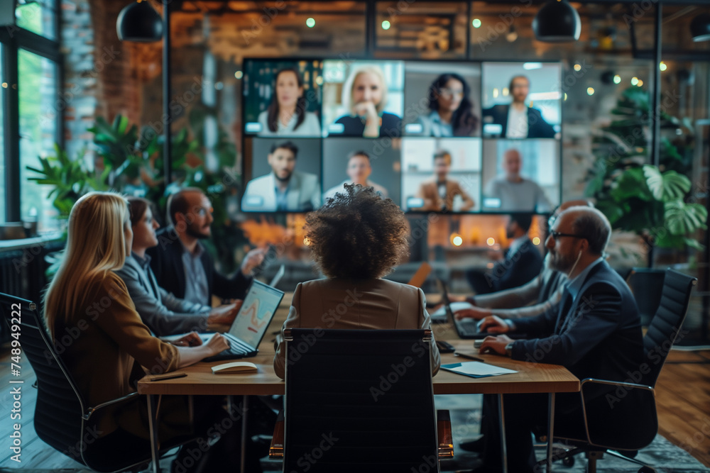Poster a group of professionals participating in a virtual team-building exercise. a group of people is sha