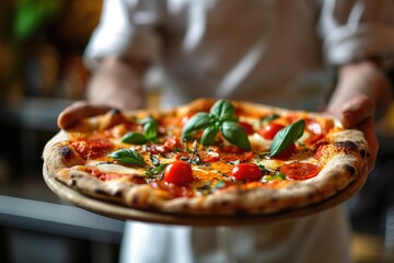 Close-up of a chef presenting a hot Margherita pizza garnished with fresh basil, tomato, and mozzarella in a restaurant kitchen.