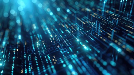 A close-up of streaming binary code on a digital interface, with a glowing bokeh effect, symbolizing complex data processing and computer programming.