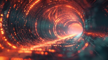 Obraz premium Futuristic visualization of a digital data tunnel with flowing lines of code and light points, symbolizing high-speed data transfer and advanced communication technology.