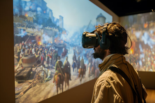 A virtual reality simulation of historical events for educational purposes. A man in a VR headset admires a painting at an Art event