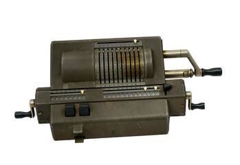 Swedish Original Odhner isolated on a white background with clipping path. Ancient pinwheel calculator. Mechanical device used to perform automatically the basic operations of arithmetic.