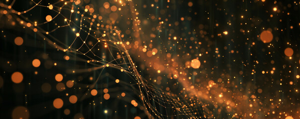 A mesmerizing display of data technology where glowing dots connect with thin luminous lines against a dark backdrop illustrating the complex web of digital information