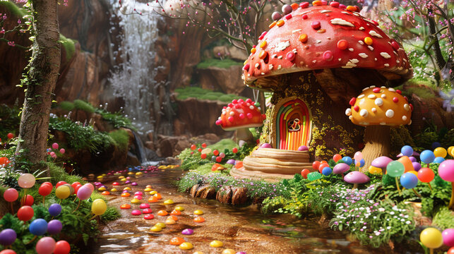 A fantasy mushroom house with a vibrant edible exterior located in the heart of a Candy Garden where gumdrop pathways lead to chocolate streams